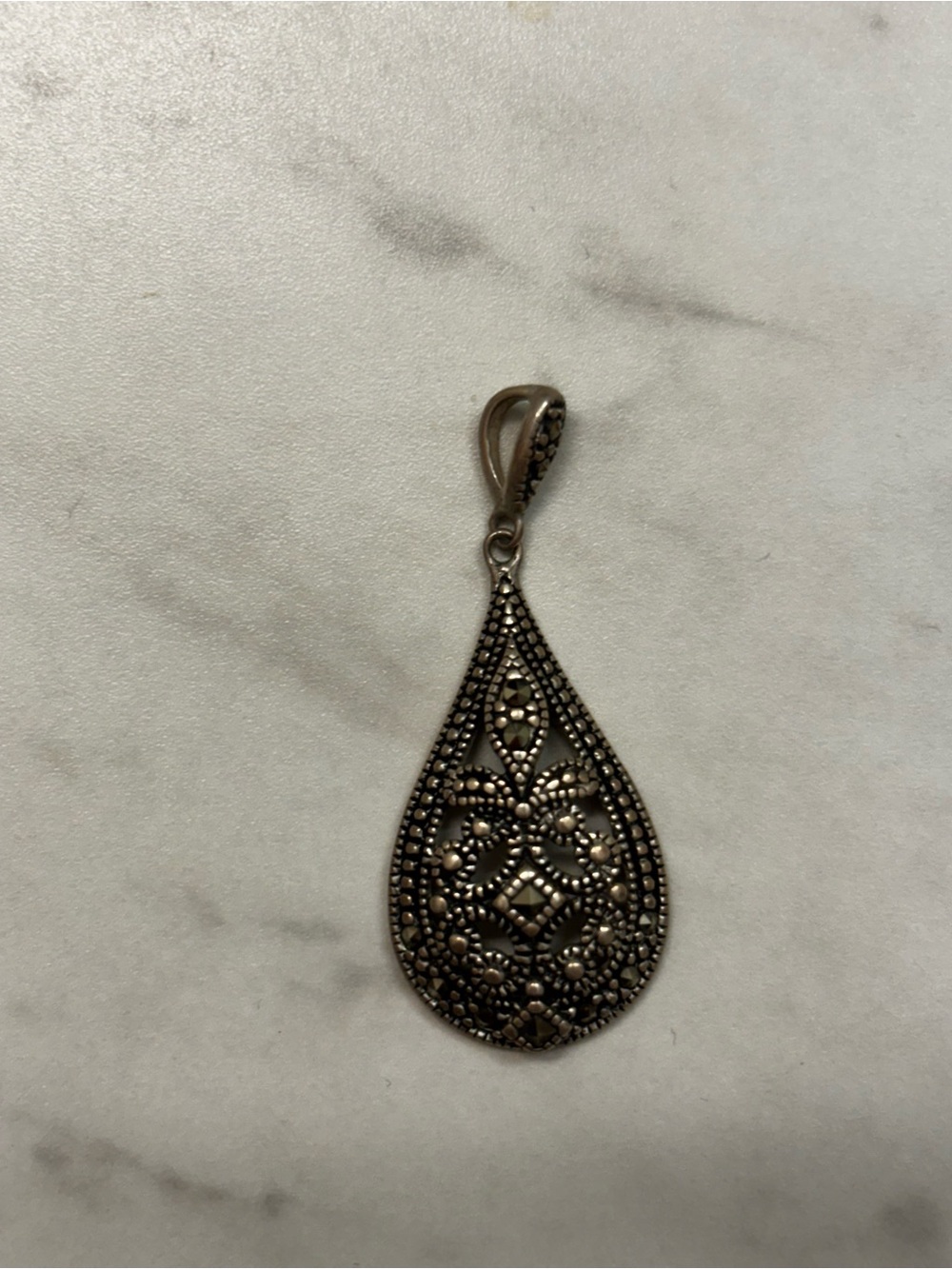 Vintage-Style Teardrop Marcasite Pendant in Silver Tone